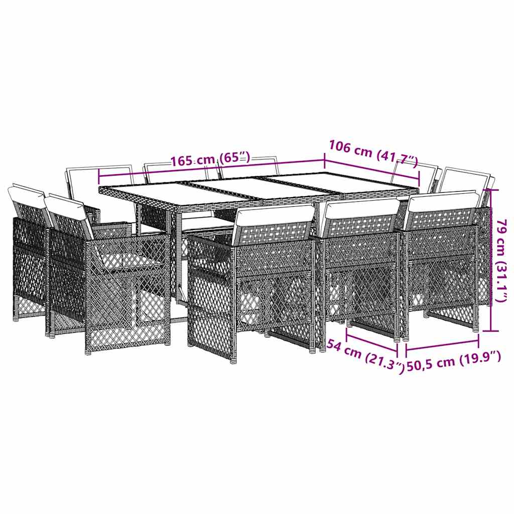 11-tlg. Garten-Essgruppe mit Kissen Hellgrau Poly Rattan
