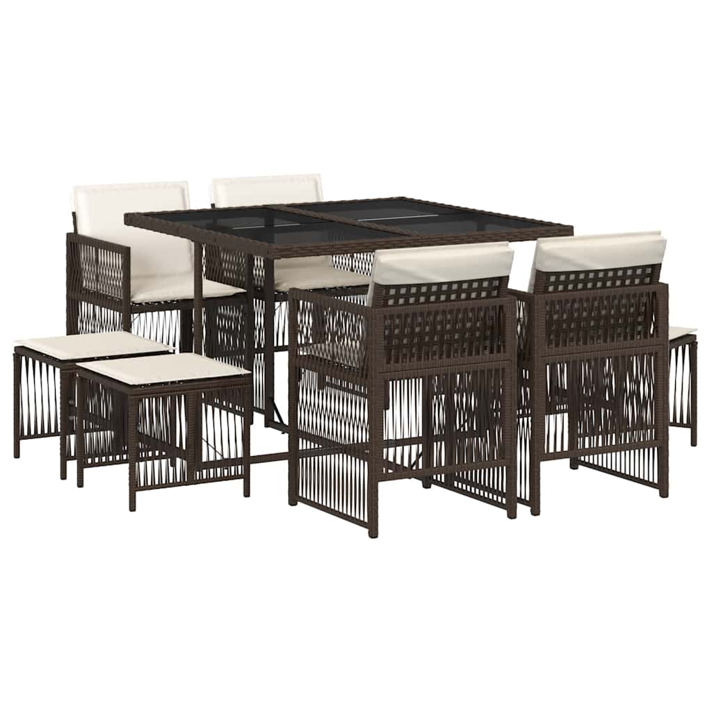 9-tlg. Garten-Essgruppe mit Kissen Braun Poly Rattan