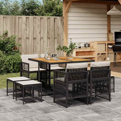 9-tlg. Garten-Essgruppe mit Kissen Schwarz Poly Rattan