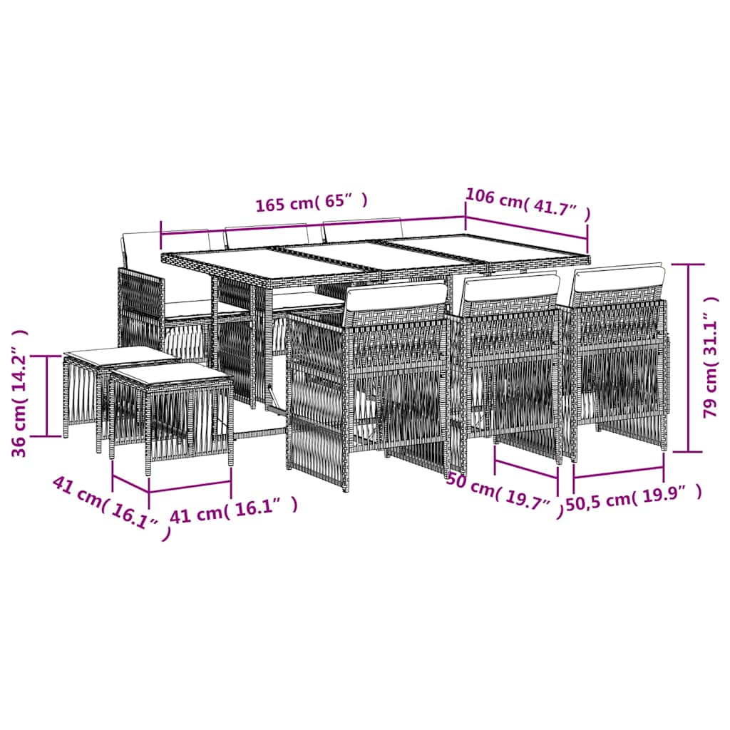 11-tlg. Garten-Essgruppe mit Kissen Beige Poly Rattan