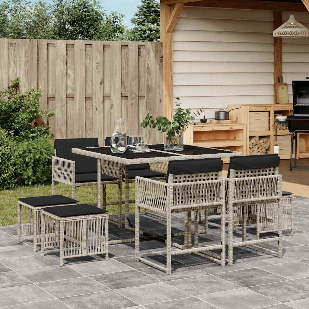 9-tlg. Garten-Essgruppe mit Kissen Hellgrau Poly Rattan