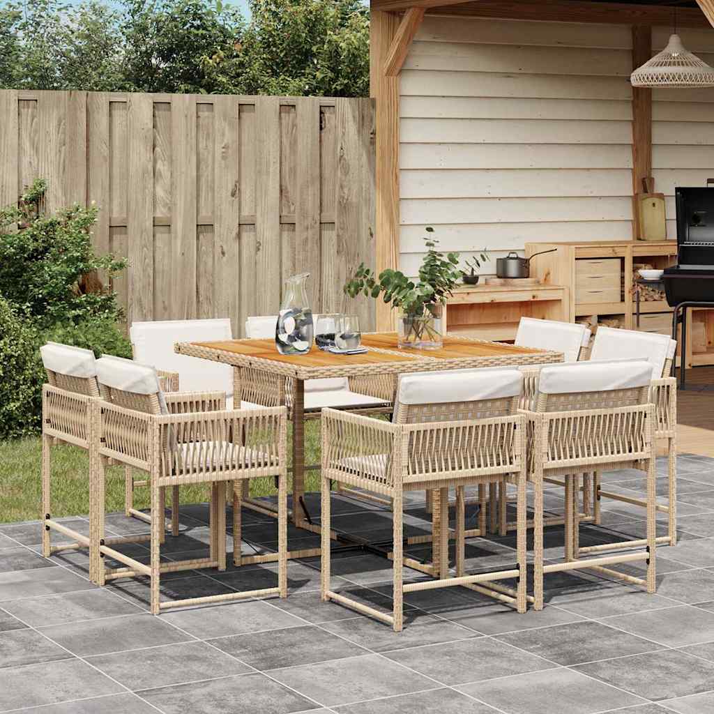 9-tlg. Garten-Essgruppe mit Kissen Beige Poly Rattan