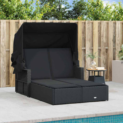 Doppel-Sonnenliege mit Dach und Auflagen Schwarz Poly Rattan