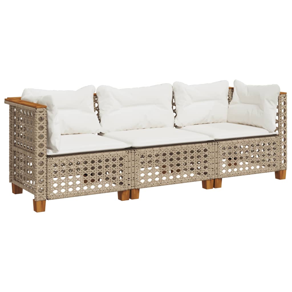 Gartensofa mit Kissen 3-Sitzer Beige Poly Rattan