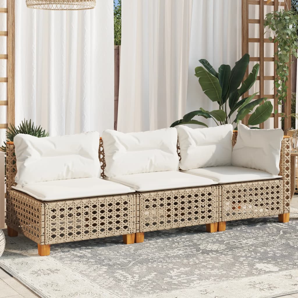 Gartensofa mit Kissen 3-Sitzer Beige Poly Rattan