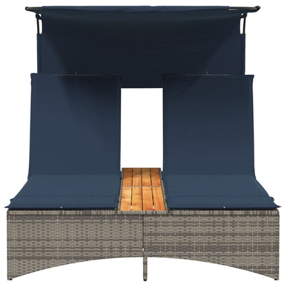 Doppel-Sonnenliege mit Dach und Kissen Grau Poly Rattan