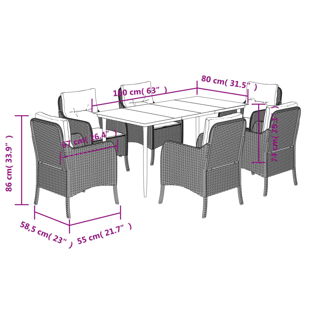 7-tlg. Garten-Essgruppe mit Kissen Beige Poly Rattan