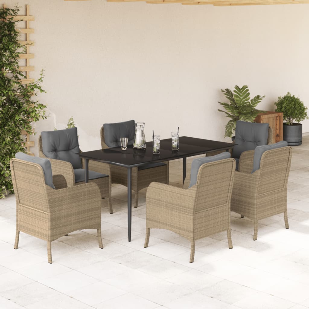 7-tlg. Garten-Essgruppe mit Kissen Beige Poly Rattan