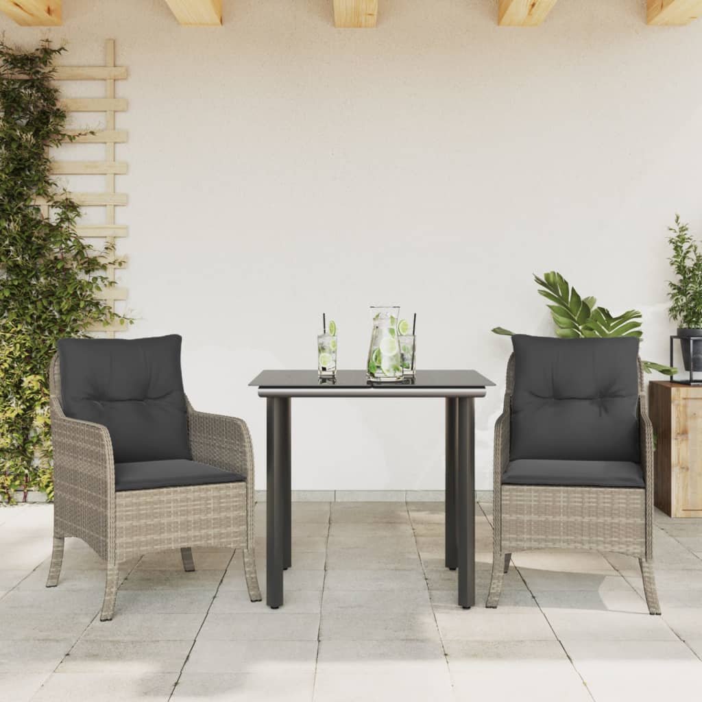 3-tlg. Garten-Essgruppe mit Kissen Hellgrau Poly Rattan