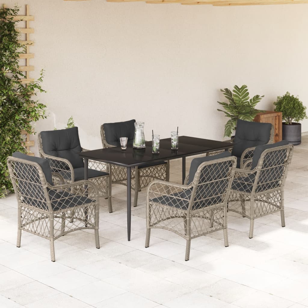 7-tlg. Garten-Essgruppe mit Kissen Hellgrau Poly Rattan