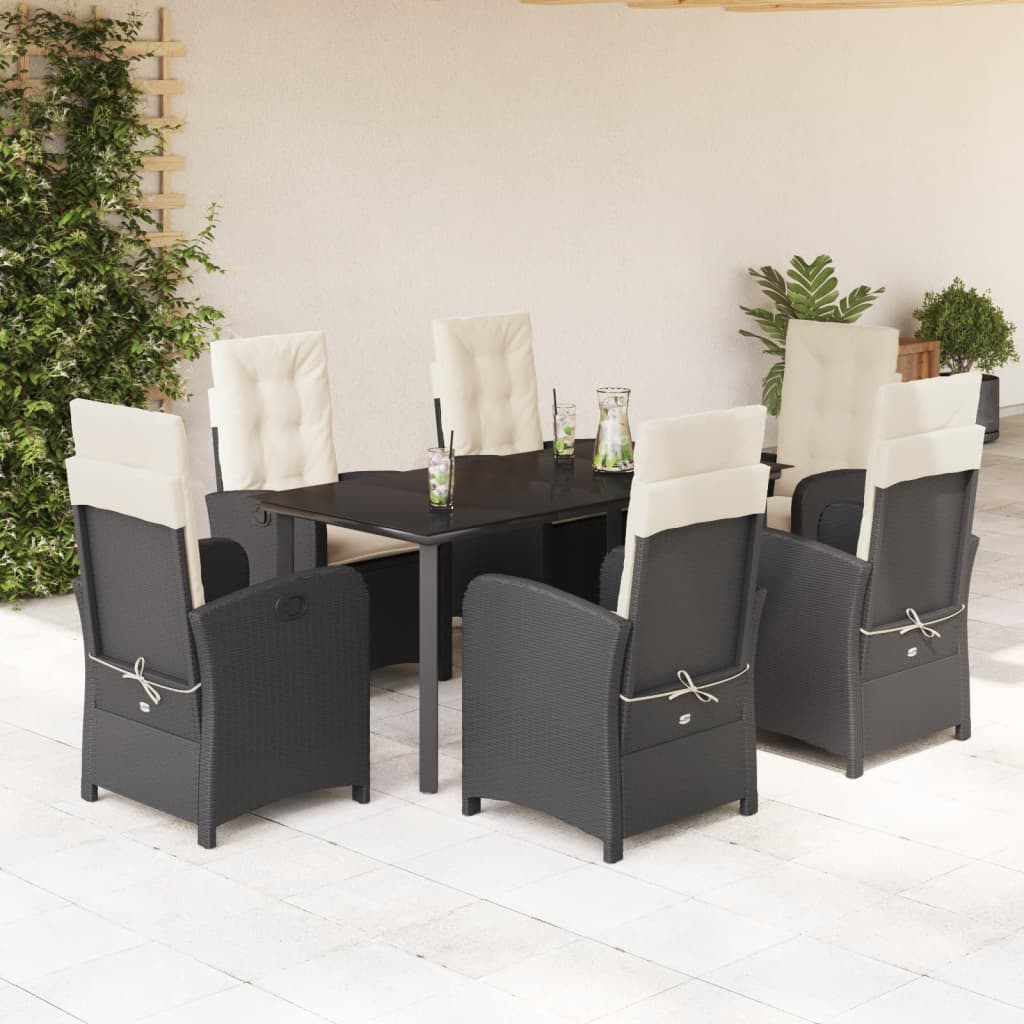 7-tlg. Garten-Essgruppe mit Kissen Schwarz Poly Rattan