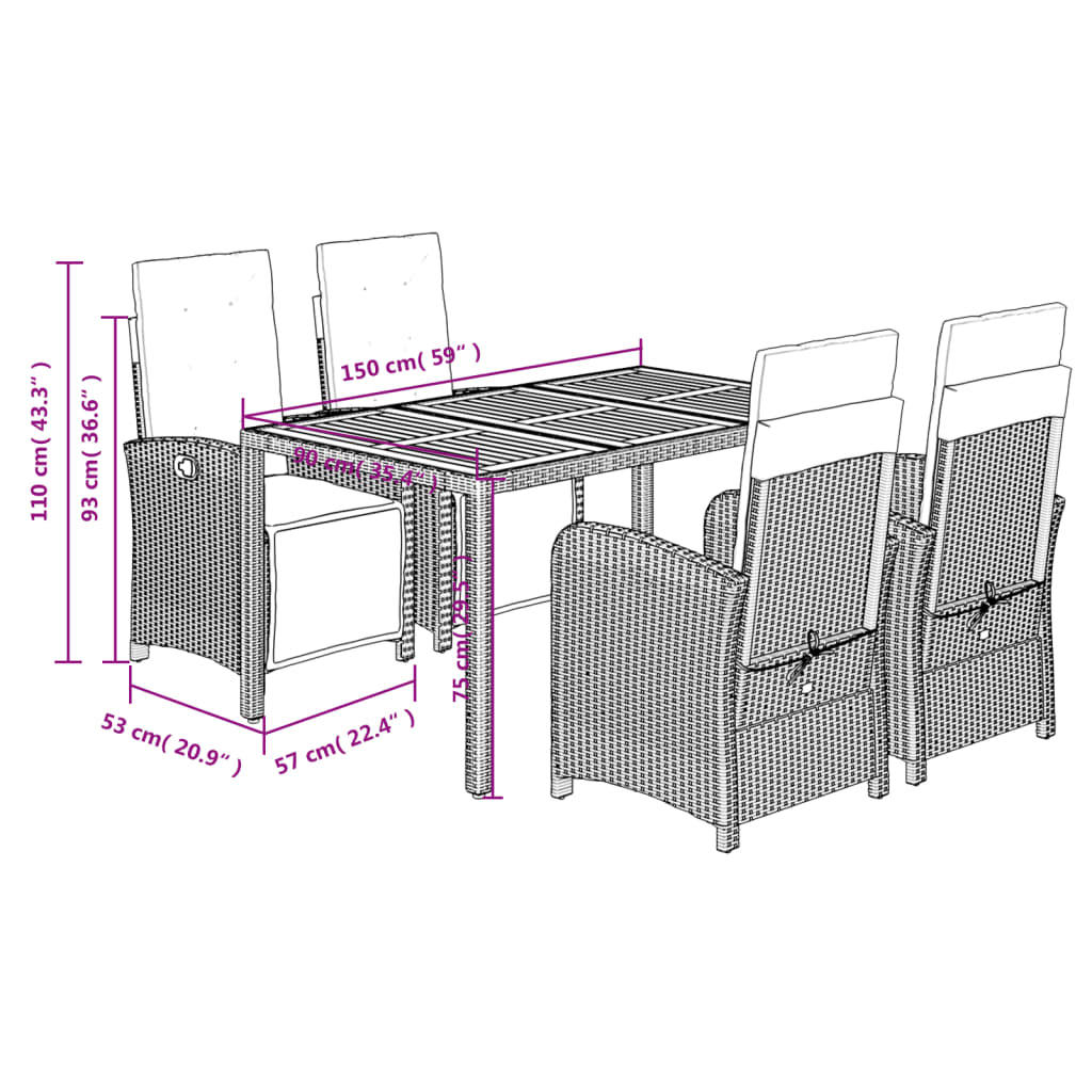 5-tlg. Garten-Essgruppe mit Kissen Grau Poly Rattan
