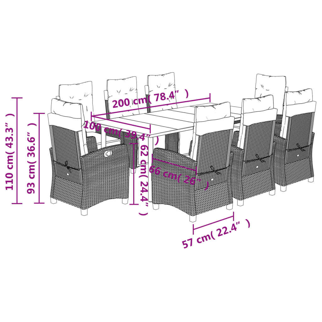 9-tlg. Garten-Essgruppe mit Kissen Braun Poly Rattan