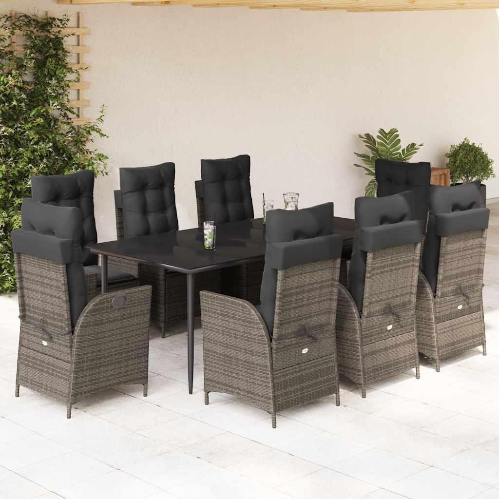9-tlg. Garten-Essgruppe mit Kissen Grau Poly Rattan