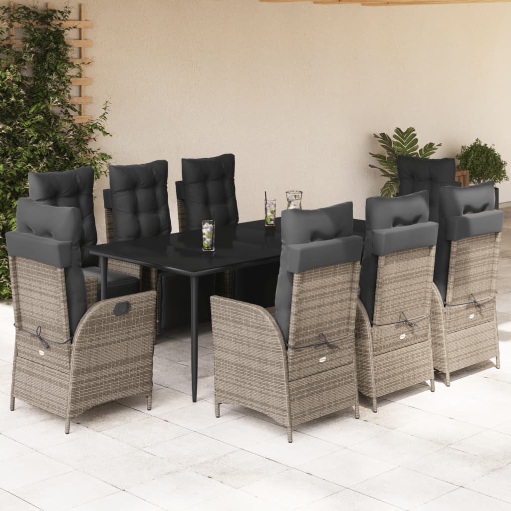 9-tlg. Garten-Essgruppe mit Kissen Grau Poly Rattan