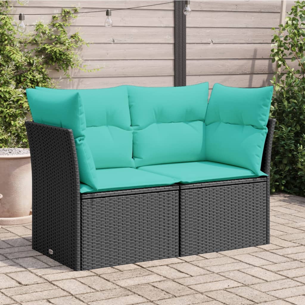 Gartensofa mit Kissen 2-Sitzer Schwarz Poly Rattan