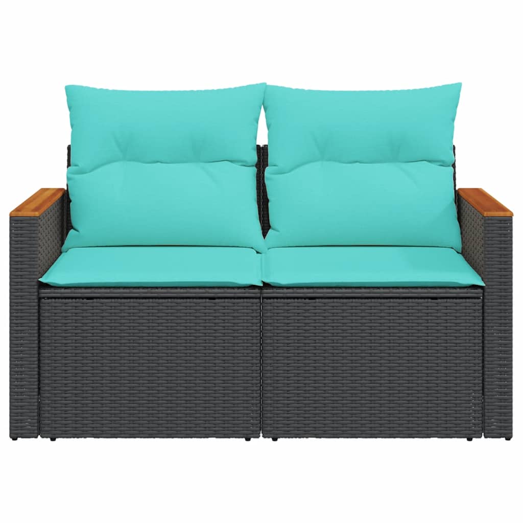 Gartensofa mit Kissen 2-Sitzer Schwarz Poly Rattan