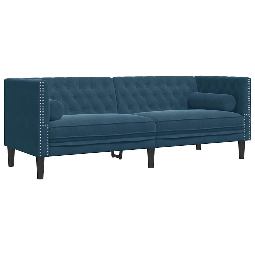 Chesterfield-Sofa mit Nackenrollen 3-Sitzer Blau Samt