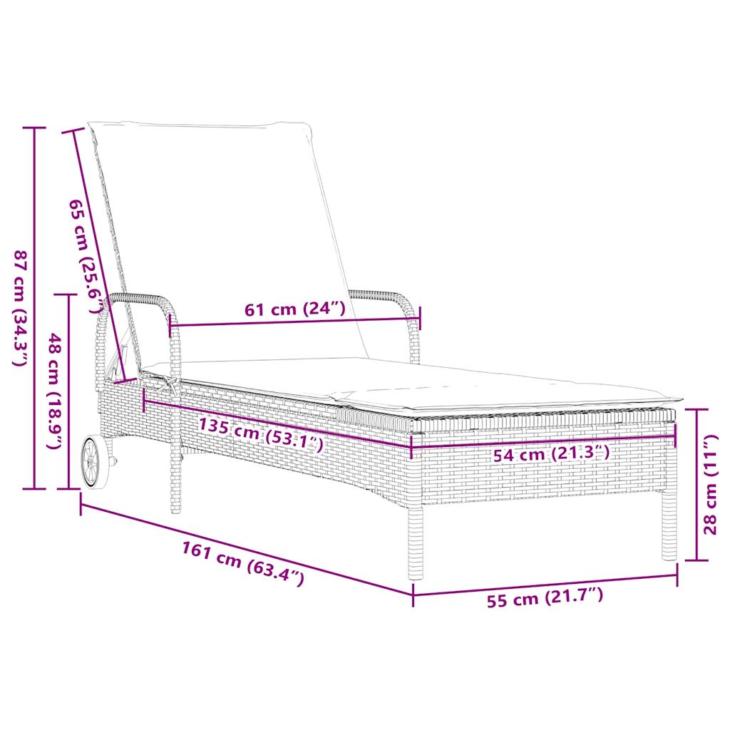 Sonnenliege mit Rollen und Kissen Schwarz Poly Rattan