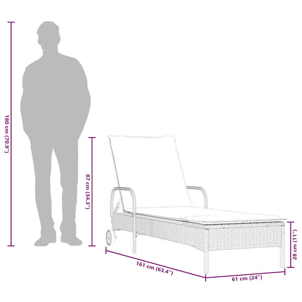 Sonnenliege mit Rollen und Kissen Schwarz Poly Rattan
