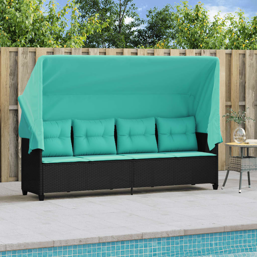 Sonnenliege mit Dach und Kissen Schwarz Poly Rattan