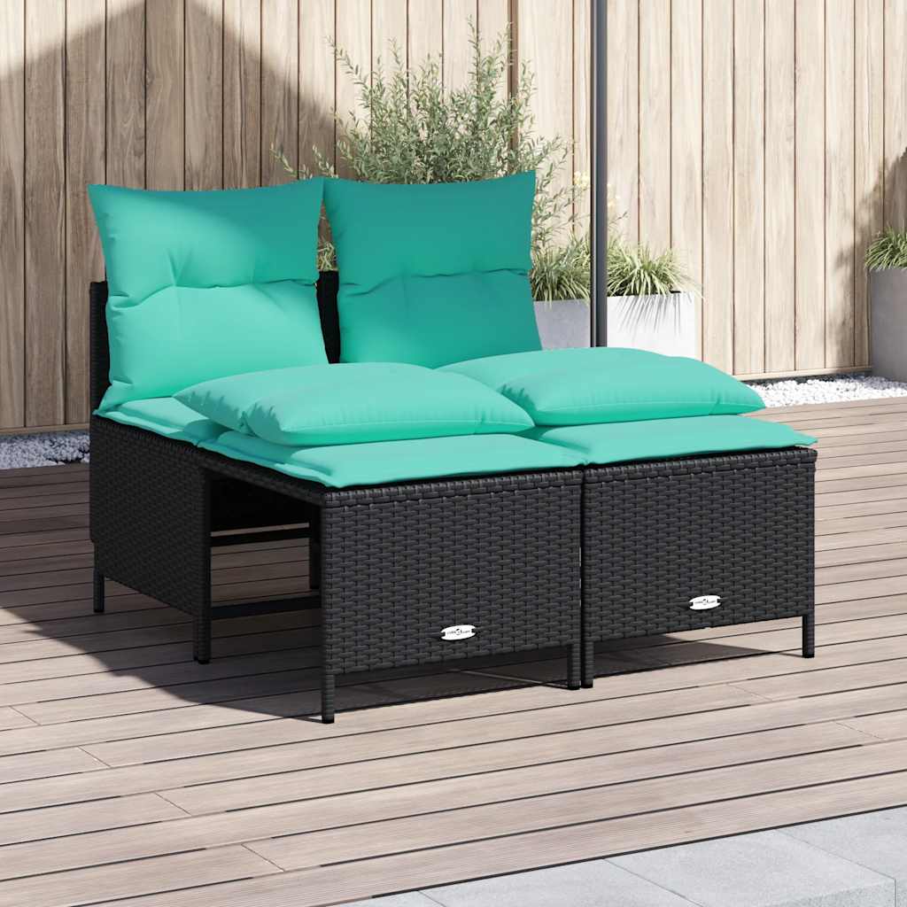 4-teiliges Gartensofa-Set mit Kissen, schwarzes Polyrattan
