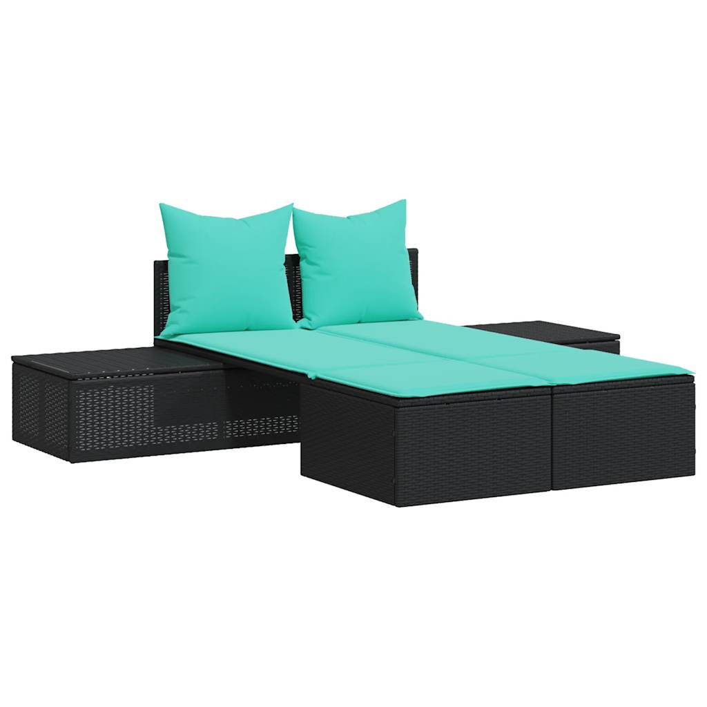 Doppelte Sonnenliege mit Kissen Schwarz Poly Rattan