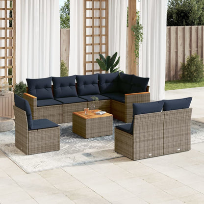 9-teiliges Gartensofa-Set mit Kissen, grau, Polyrattan