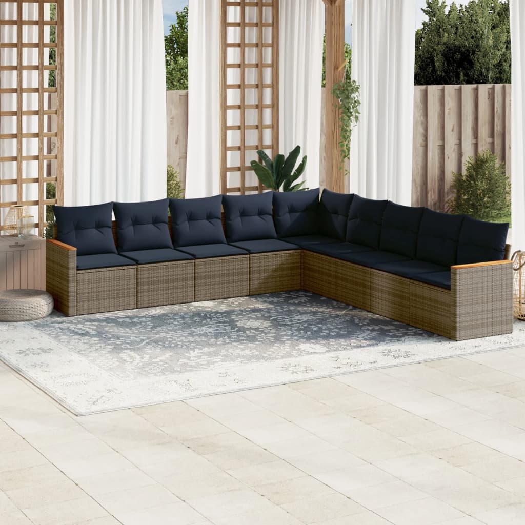9-teiliges Gartensofa-Set mit Kissen, grau, Polyrattan