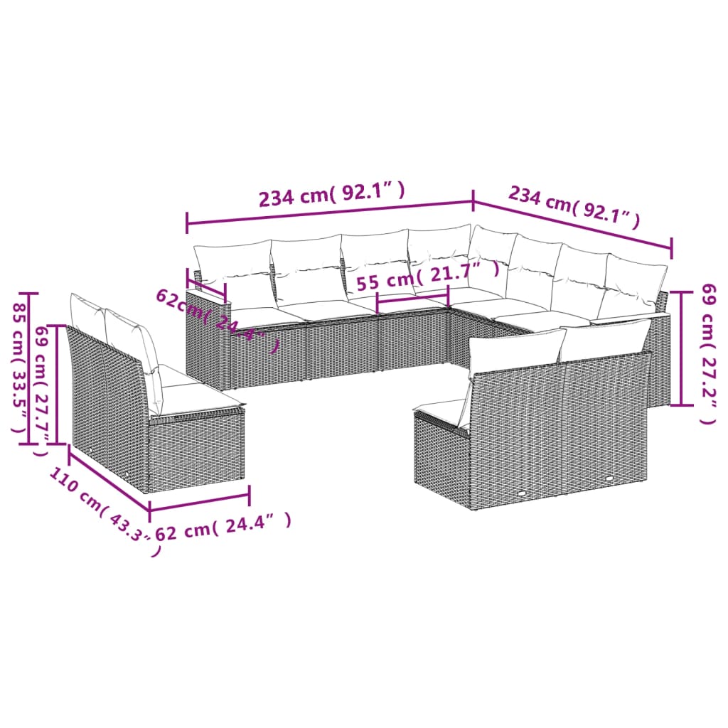 11-teiliges Gartensofa-Set mit Kissen, schwarzes Polyrattan