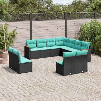 11-teiliges Gartensofa-Set mit Kissen, schwarzes Polyrattan