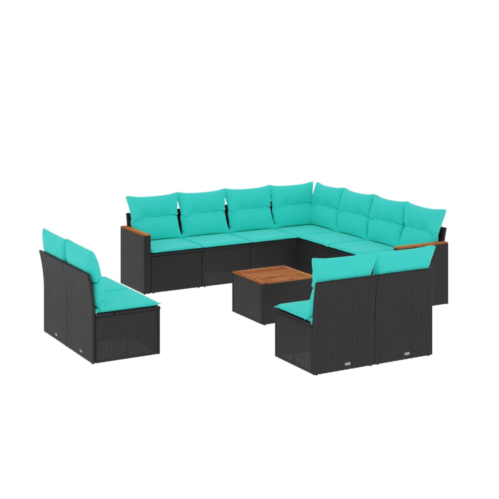 12-teiliges Gartensofa-Set mit Kissen, schwarzes Polyrattan