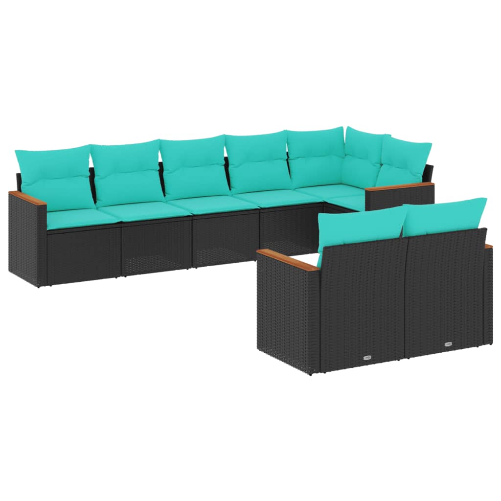 8-teiliges Gartensofa-Set mit Kissen, schwarzes Polyrattan