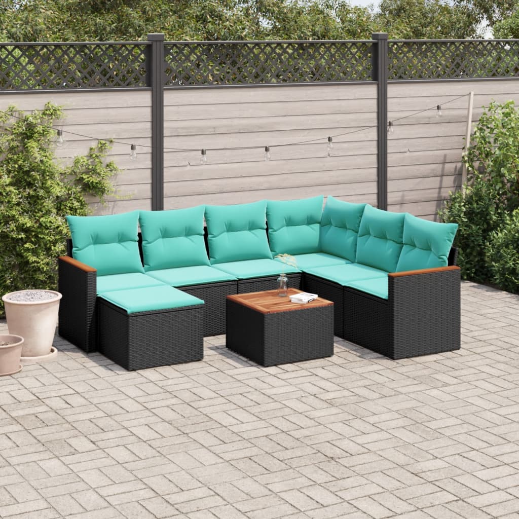 8-teiliges Gartensofa-Set mit Kissen, schwarzes Polyrattan