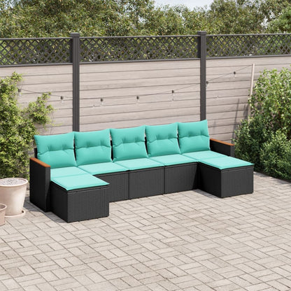 7-teiliges Gartensofa-Set mit Kissen, schwarzes Polyrattan