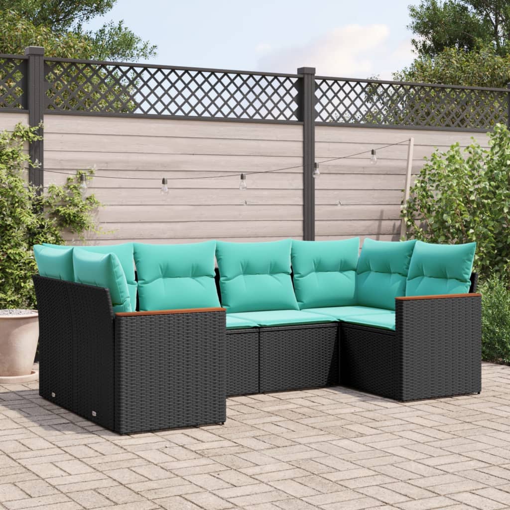 6-teiliges Gartensofa-Set mit Kissen, schwarzes Polyrattan