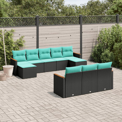10-teiliges Gartensofa-Set mit Kissen, schwarzes Polyrattan