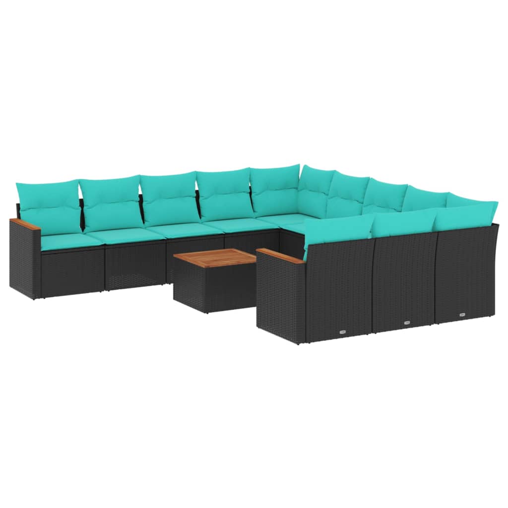 12-teiliges Gartensofa-Set mit Kissen, schwarzes Polyrattan