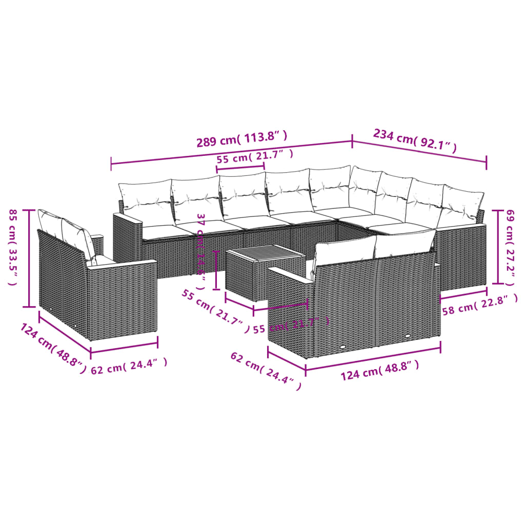 13-teiliges Gartensofa-Set mit Kissen, schwarzes Polyrattan