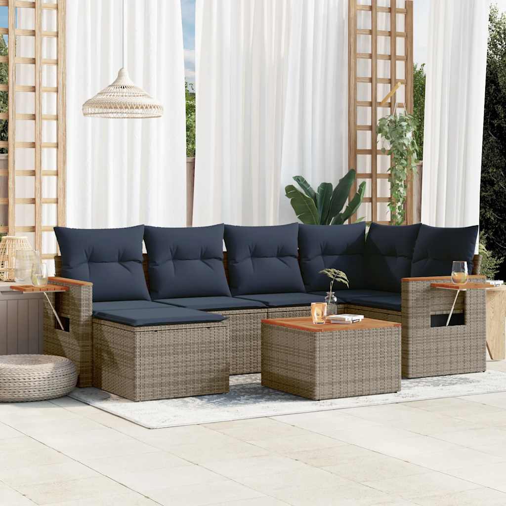 7-tlg. Garten-Sofagarnitur mit Kissen Grau Poly Rattan