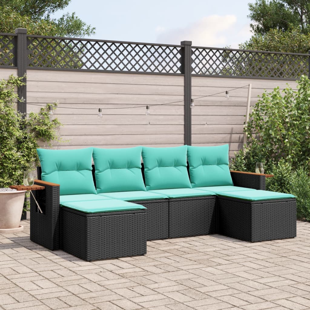 6-tlg. Garten-Sofagarnitur mit Kissen Schwarz Poly Rattan