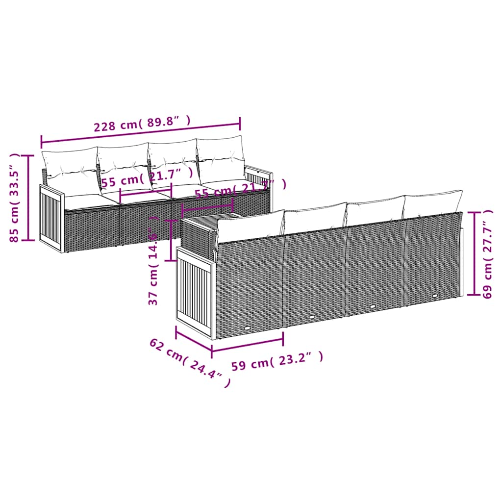 9-teiliges Gartensofa-Set mit Kissen, grau, Polyrattan