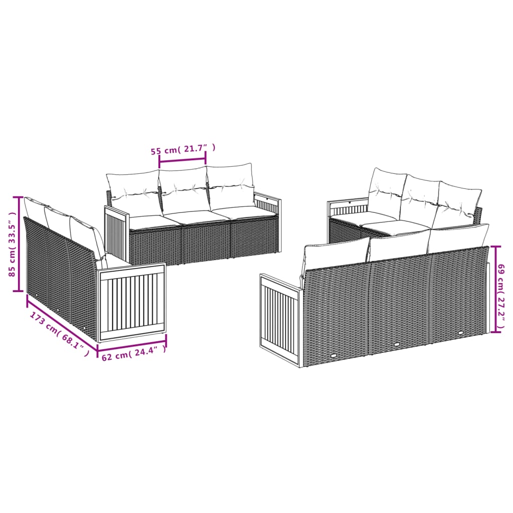12-teiliges Gartensofa-Set mit Kissen, schwarzes Polyrattan