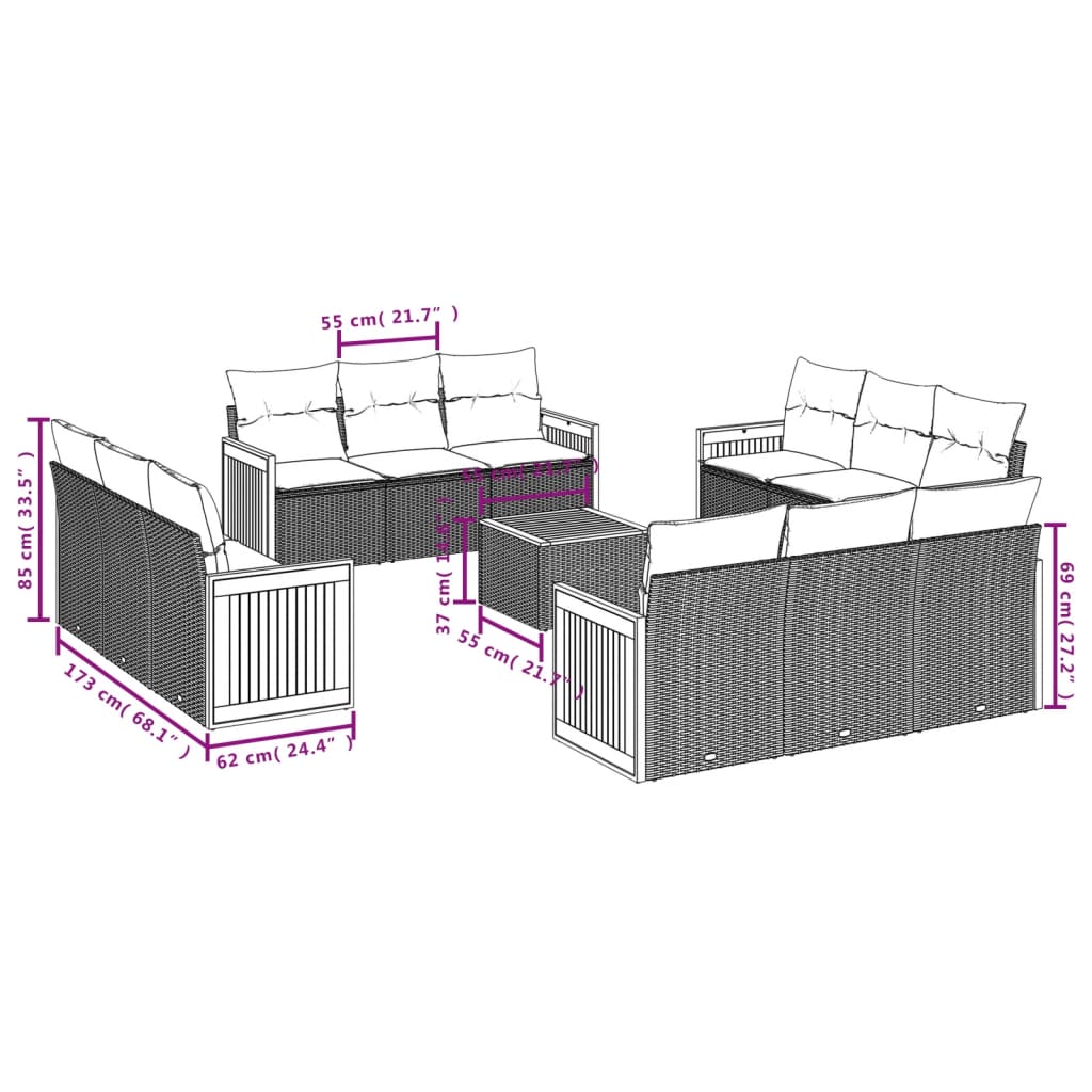 13-teiliges Gartensofa-Set mit Kissen, grau, Polyrattan