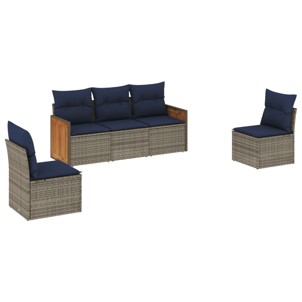 5-teiliges Gartensofa-Set mit Kissen, grau, Polyrattan