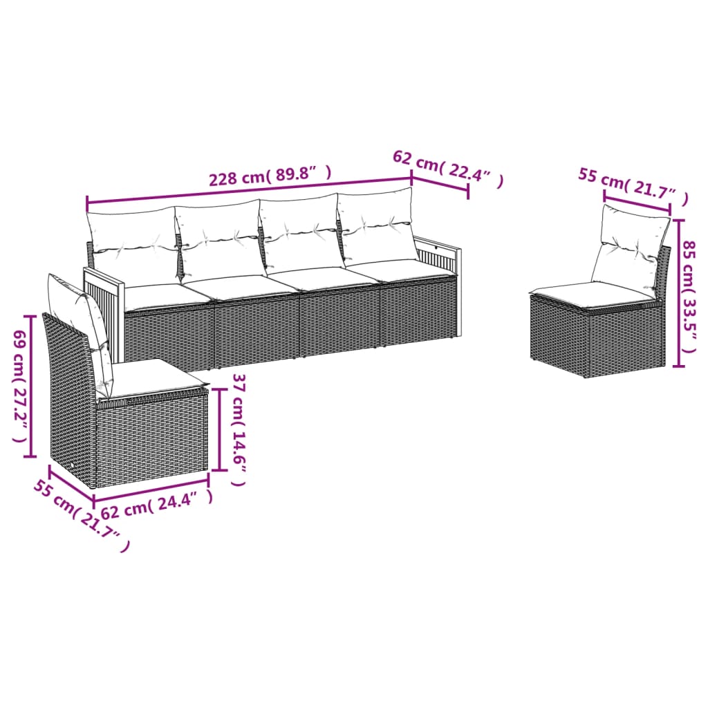 6-teiliges Gartensofa-Set mit Kissen, grau, Polyrattan