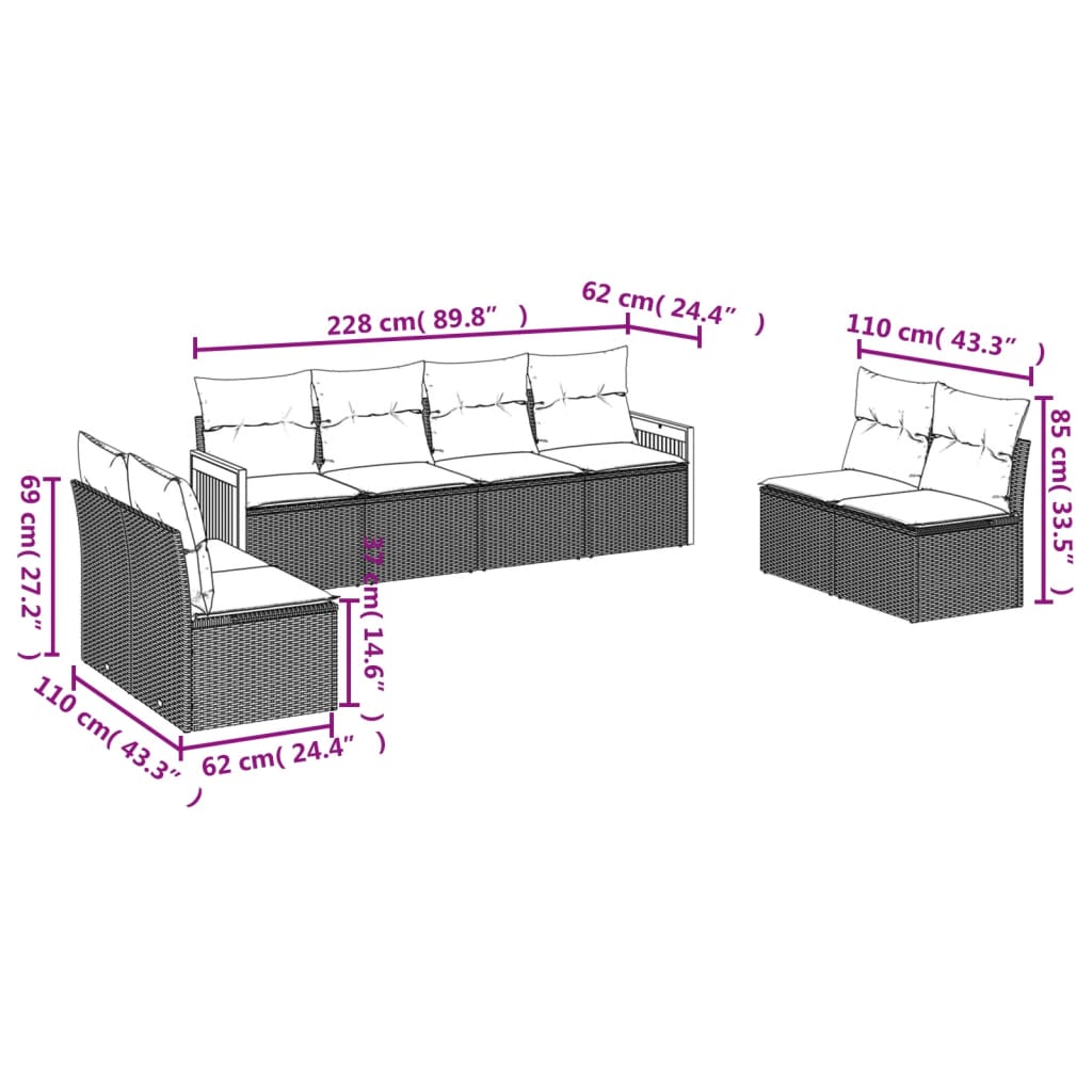 8-teiliges Gartensofa-Set mit Kissen, schwarzes Polyrattan