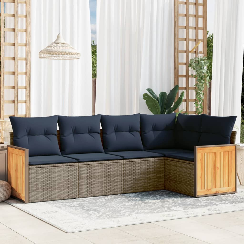 5-teiliges Gartensofa-Set mit Kissen, grau, Polyrattan
