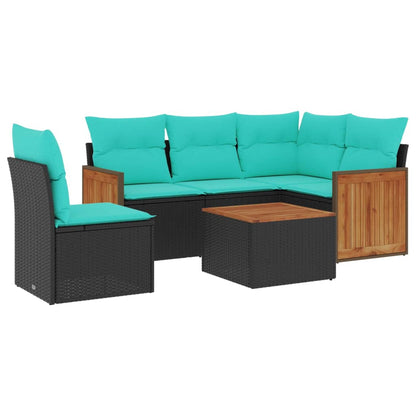6-teiliges Gartensofa-Set mit Kissen, schwarzes Polyrattan