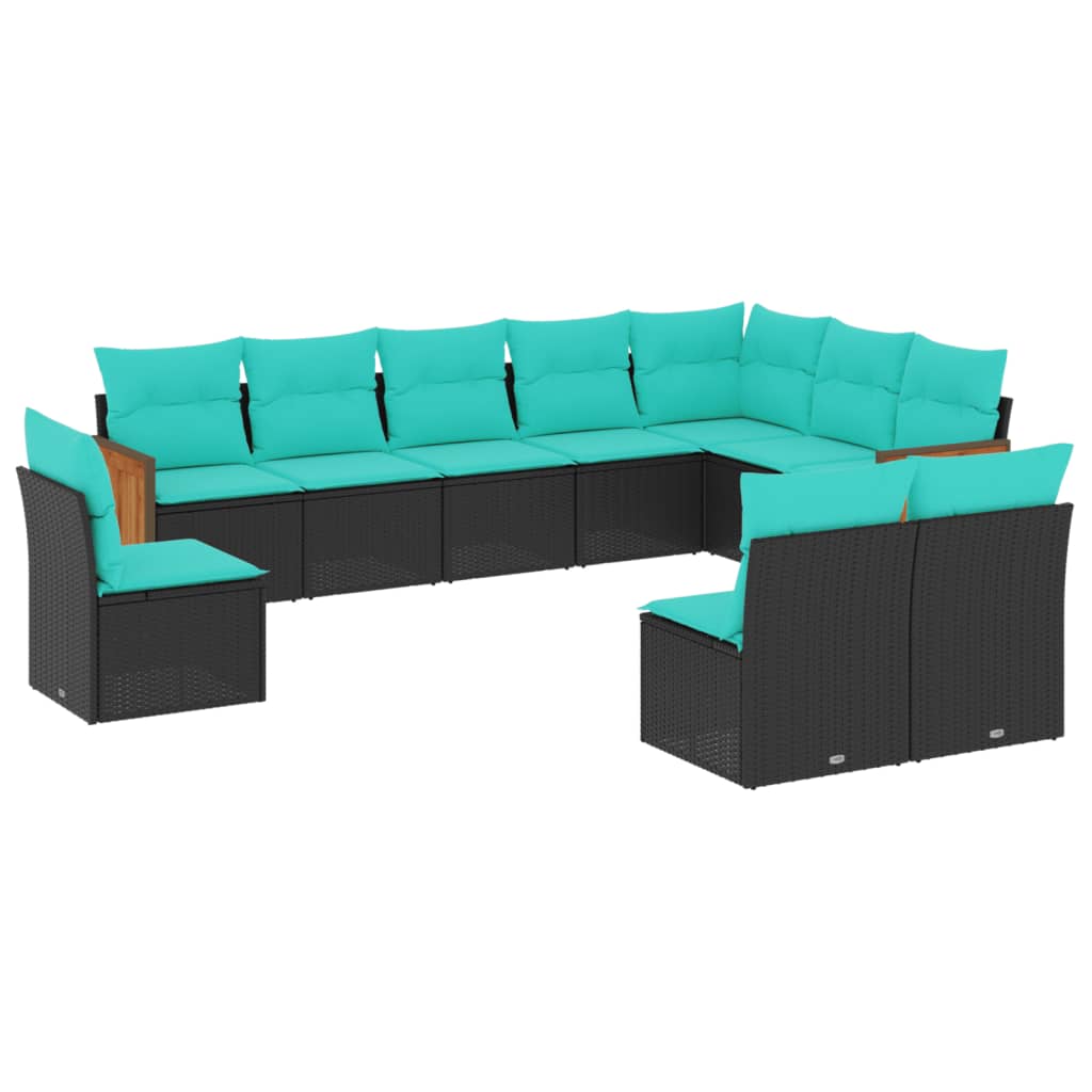 10-teiliges Gartensofa-Set mit Kissen, schwarzes Polyrattan